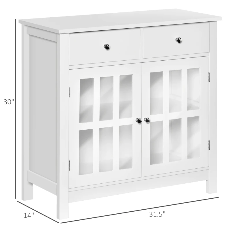 HOMCOM Sideboard Buffet Cabinet, Storage Cupboard with Glass Doors, Adjustable Shelf and 2 Drawers for Kitchen, White
