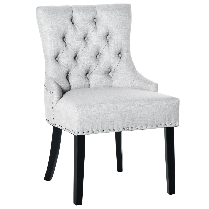 HOMCOM Swoop Air Linen Fabric Dining Chair with Nailhead Trim and Wood Legs, Light Grey