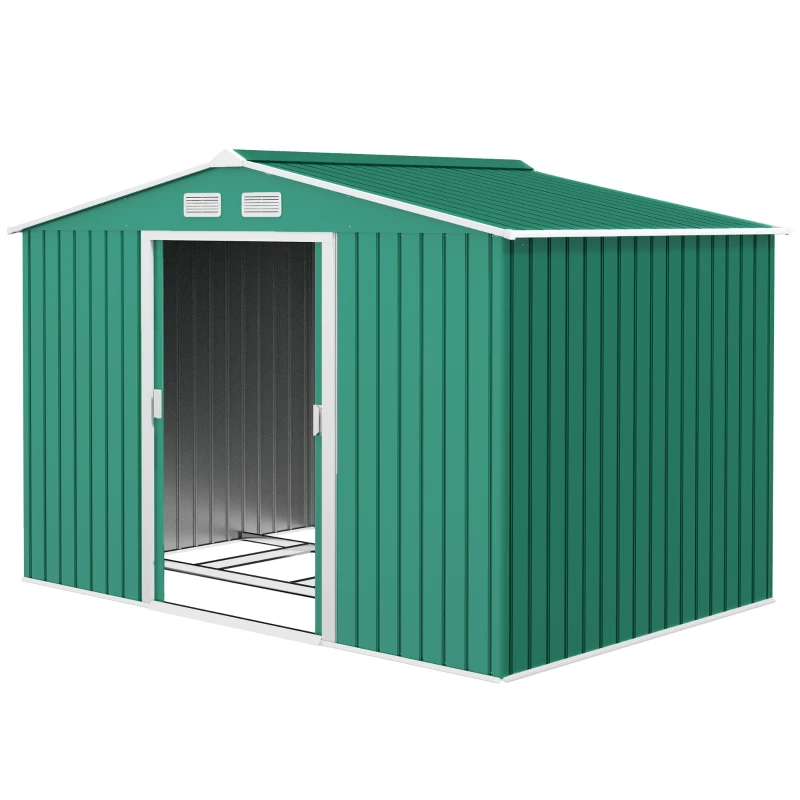 Outsunny 9.1' x 6.4' x 6.3' Garden Storage Shed w/ Foundation Kit Metal Tool Storage House w/ Double Doors Green