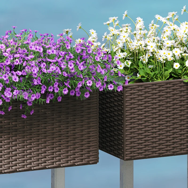 Outsunny 2 Pack 20 Inch Railing Flower Pots, Hanging Flower Pots with Hooks, Drainage Holes for Fence, Rattan Look, Brown