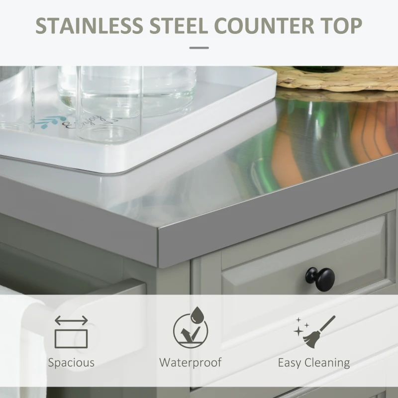 HOMCOM Rolling Kitchen Island with Storage, Kitchen Cart with Stainless Steel Top, Spice Rack & Drawers, Gray