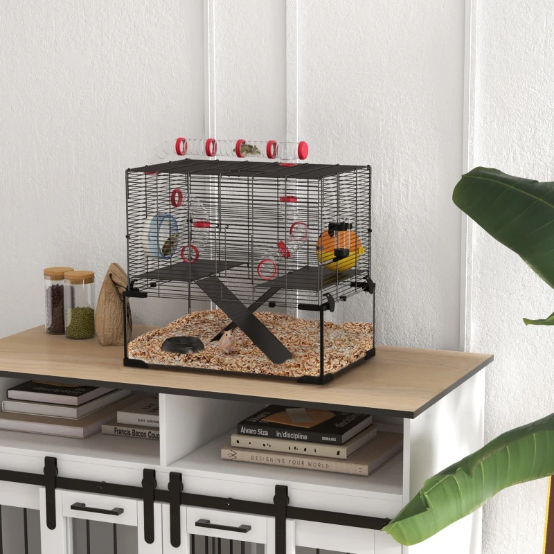 PawHut Hamster Cage with Deep Glass Bottom, Tunnel Tube System, Platforms, Hut, Exercise Wheel, Water Bottle, 24" x 16" x 22"