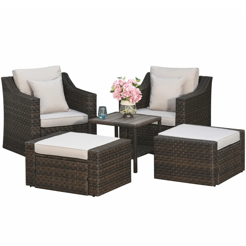 Outsunny 5-Piece  Patio Furniture Set Outdoor Rattan Wicker Conversation Set with 2 Cushioned Chairs, 2 Ottomans and Coffee Table, Replacement Cushion Cover Included, Beige