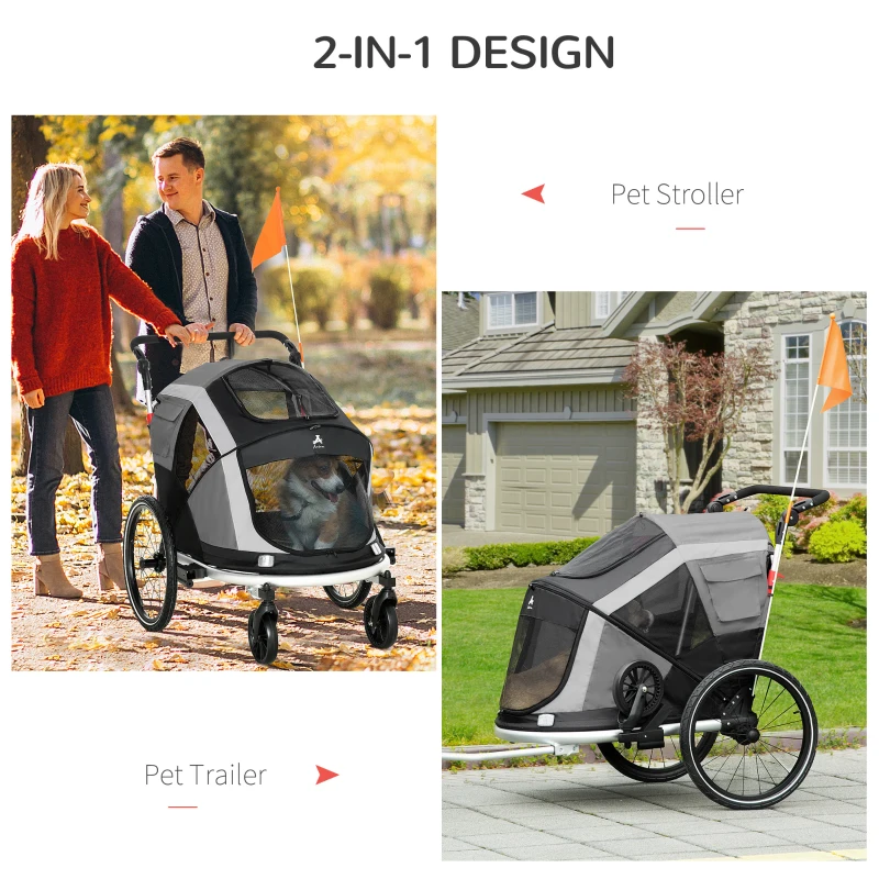 Aosom 2-in-1 Folding Pet Bike Trailer for Small Dogs, Road-Visibility Bicycle Stroller, Weather-Strong Bike Wagon Trailer Sidecar Attachment, Grey