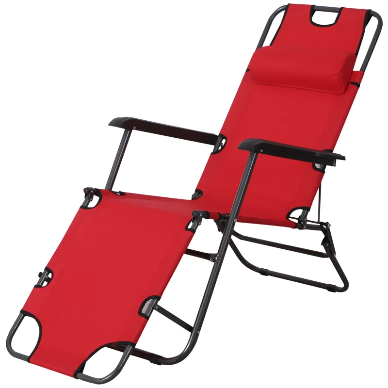 Outsunny Folding Chaise Lounge Chair, Outdoor Portable 2-Level Adjustable Recliner Zero Gravity Chair with Headrest Pillow, Armrests with Storage Mesh Pocket, Red