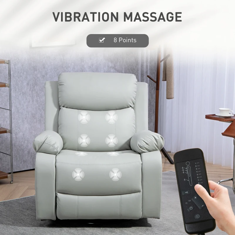 HOMCOM PU Leather Reclining Chair with Vibration Massage Rocker, Swivel Base, Rocking Function, Remote Control, Light Grey