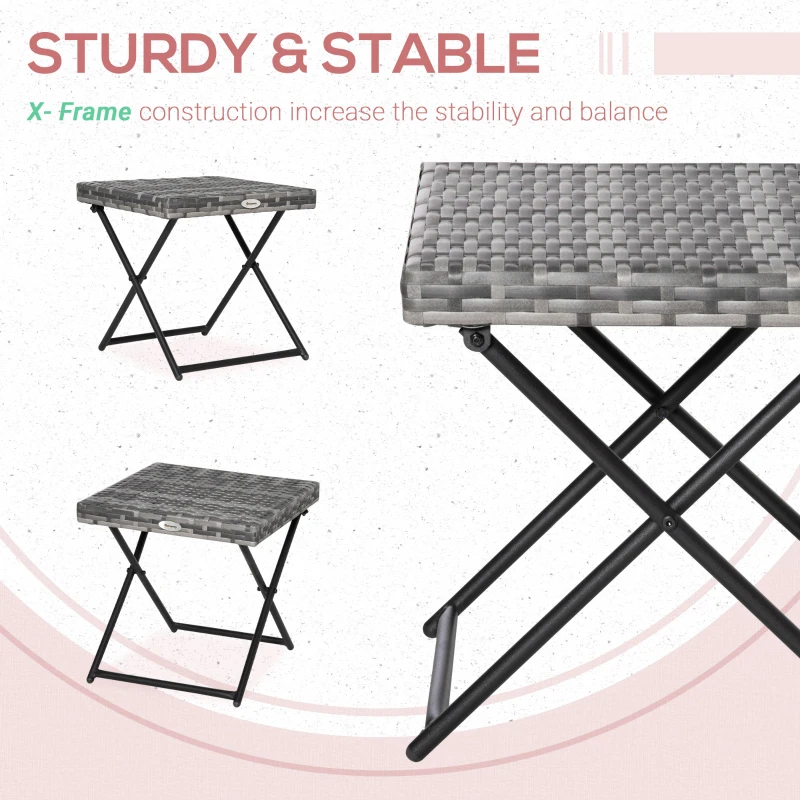 Outsunny Rattan Coffee Table Folding Patio Outdoor Side Table Wicker for Balcony, Porch, Poolside, 15.75"x15.75"x15.75", Grey