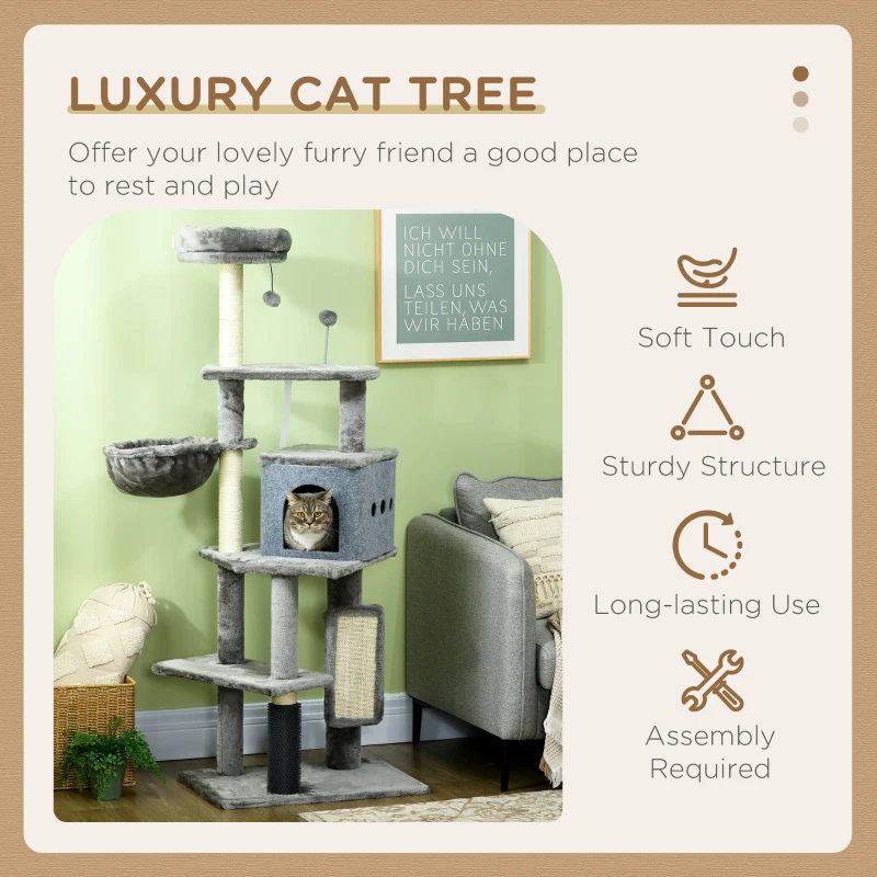 PawHut 59" Cat Tree with Scratching Posts, Self Groomer, Scratching Pad, Large Cat Tower for Indoor Cats with Hammock, Bed, House, Toys, Grey