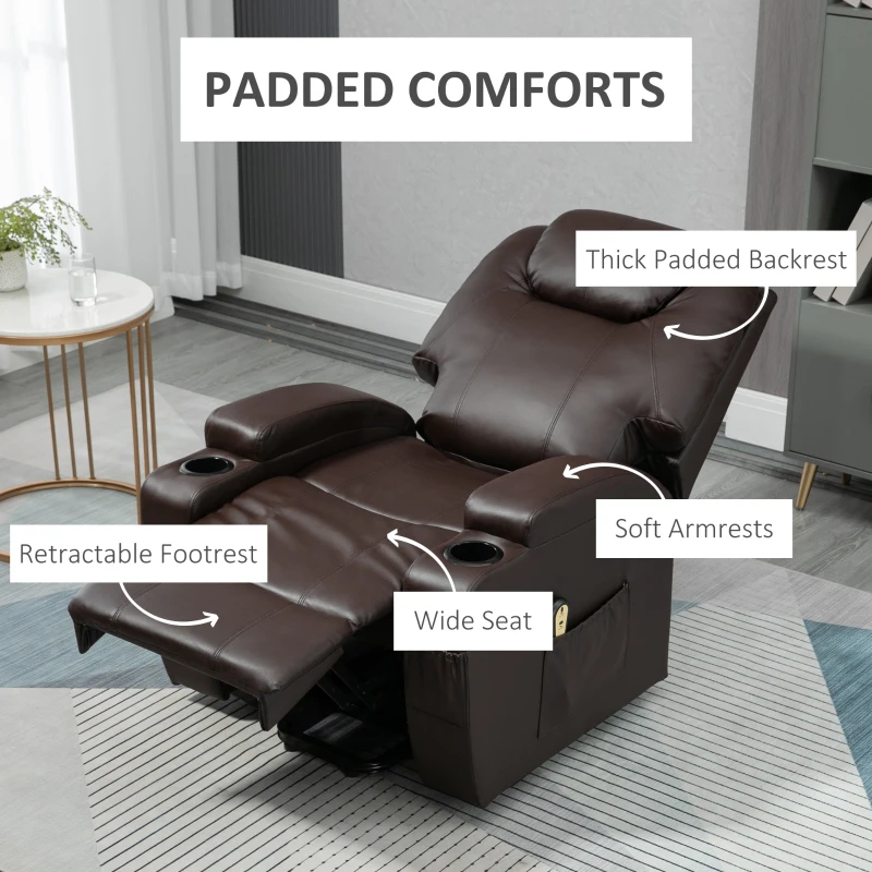 HOMCOM Power Lift Recliner Chair for Elderly, PU Leather Lift Chair with Footrest, Remote Control, Side Pockets and Cup Holders, Reclining Sofa for Living Room, Brown