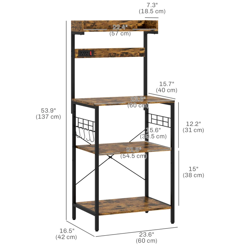 HOMCOM Kitchen Baker's Rack with Power Outlet, Coffee Bar Station with Adjustable Shelves and Hooks, Rustic Brown