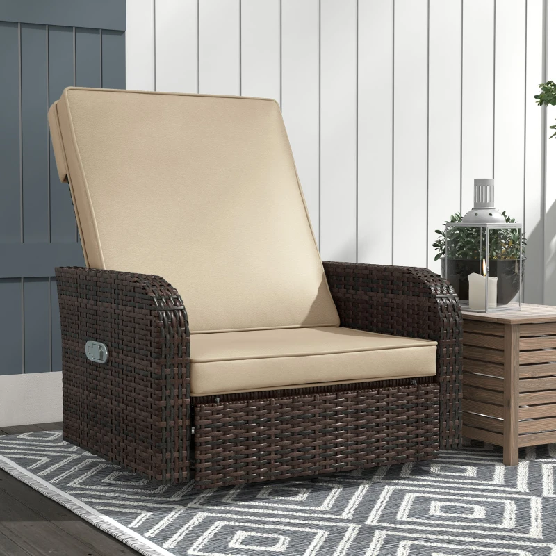 Outsunny Wicker Swivel Chair w/ Cushion, Patio Recliner Chair, Khaki