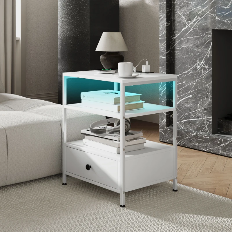 HOMCOM Set of 2 Side Tables with Charging Stations and LED Lights, End Tables with Drawer and Shelves for Living Room, White