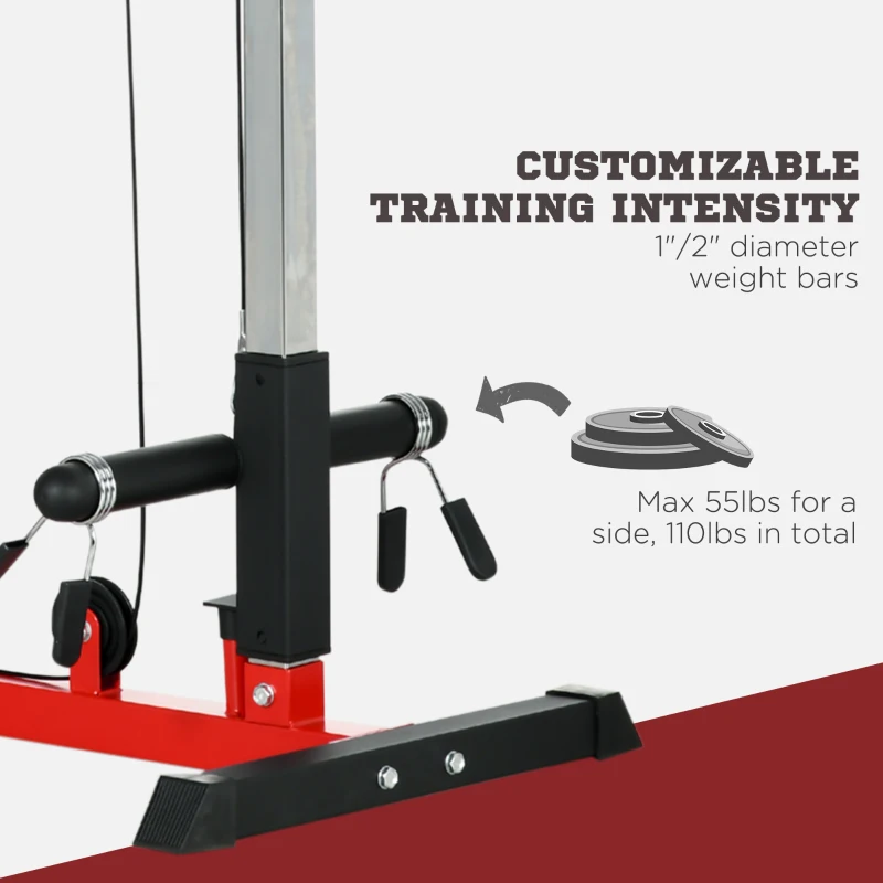 Soozier Lat Pull Down Machine, High / Low Pulley Machine with Adjustable Seat and Flip-Up Footplate, Red