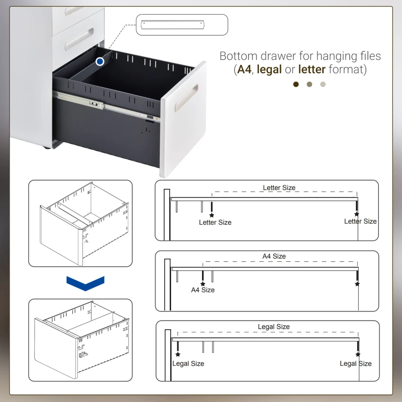 Vinsetto Lockable File Cabinet, Steel Filing Cabinet on Wheels for Legal, A4, Letter Size, Home Office