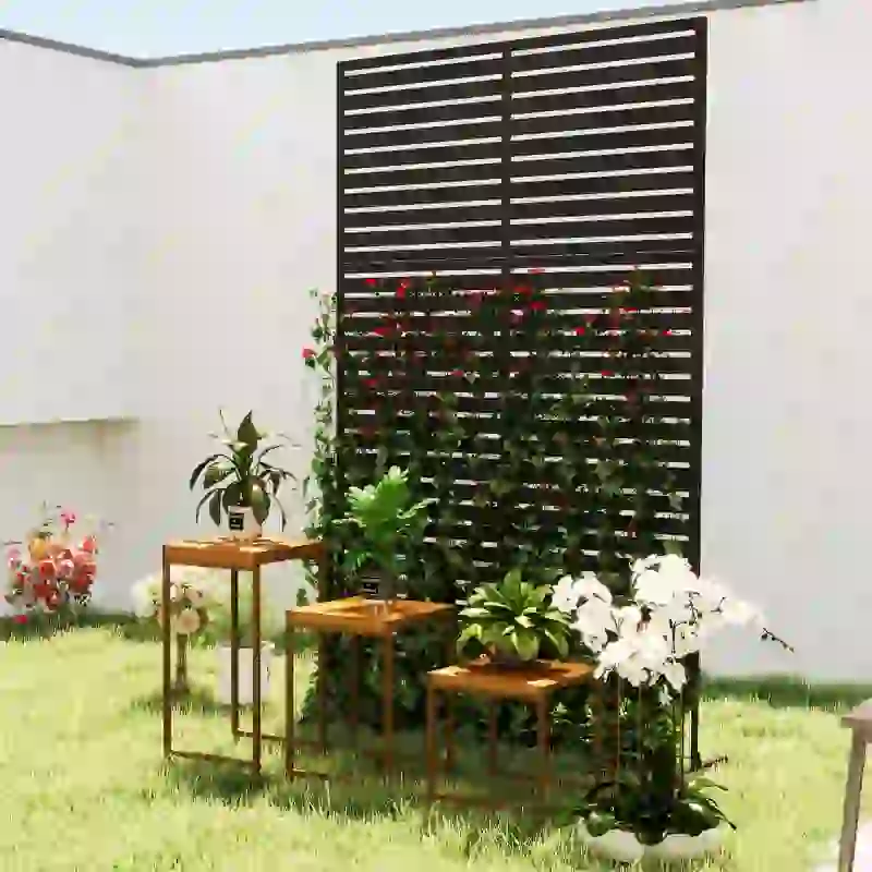 Outsunny Decorative Privacy Fence Screen, Metal Outdoor Privacy Screen Climbing Plant Trellis with Stand, 78" H x 48" W, Black