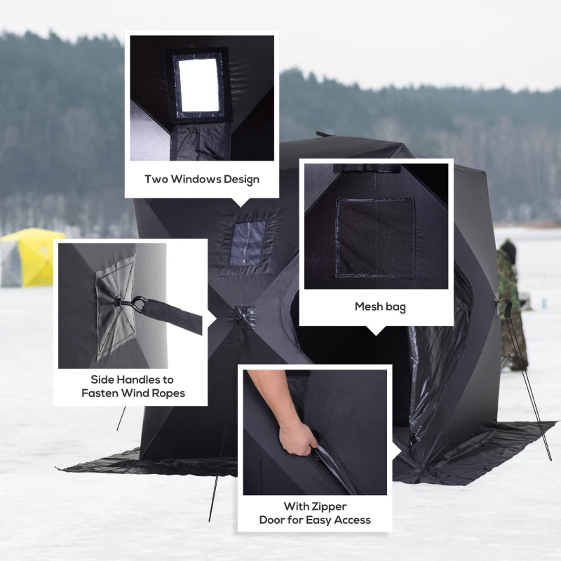 Outsunny 2 Person Ice Fishing Shelter, Pop-Up Portable Ice Fishing Tent with Carry Bag, Windows and Anchors for Low-Temp -22℉, Black
