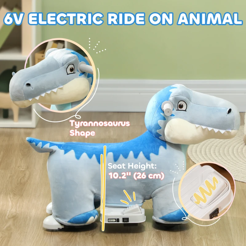Qaba 6V Kids Electric Ride on Animal Tyrannosaurus with Music Forward for Aged 18-36 Months, Blue