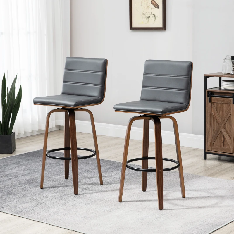 HOMCOM 28" Swivel Bar Set of 2 Height Bar Stools, Armless Upholstered Barstools Chairs with Soft Padding Seat and Wood Legs, Grey