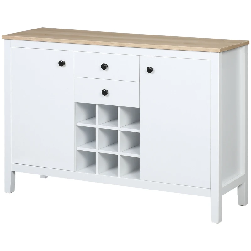 HOMCOM Coffee Bar Cabinet 9-Bottle Wine Rack, Sideboard Buffet Cabinet, Wine Cabinet with Drawers and Adjustable Shelves, Natural and White