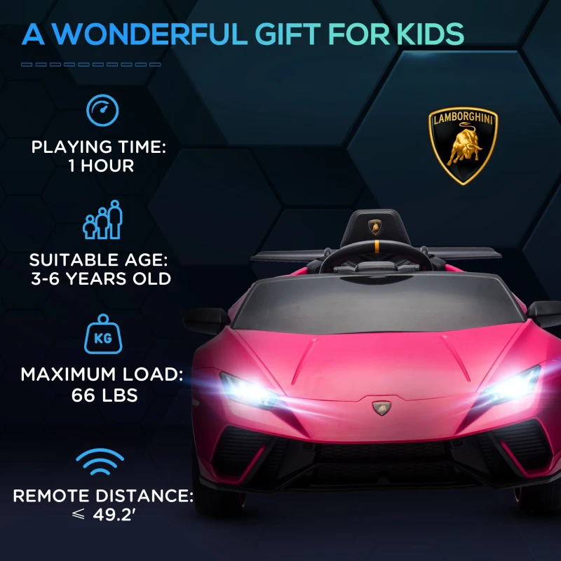 Qaba 12V Lamborghini Huracan Licensed Kids Electric Car with Parent Remote Control, Spring Suspension, Transport Wheel, Pink