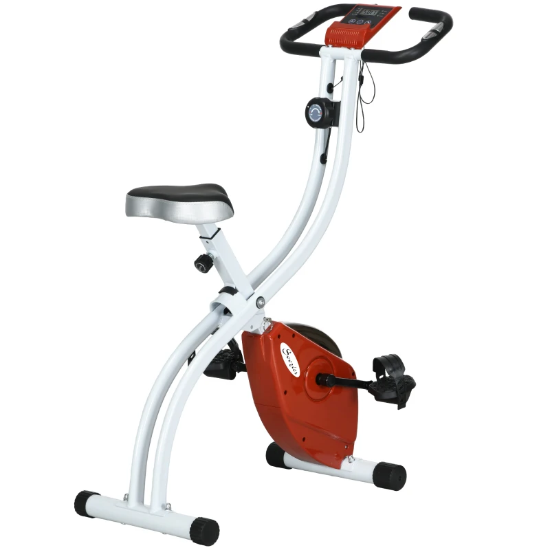 Soozier Foldable & Quiet Exercise Bike with 8-Level Magnetic Resistance, Pulse Sensor, Wheels and LCD Monitor, Red