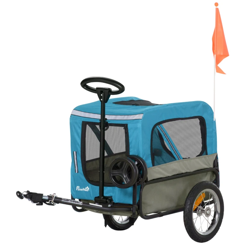 Aosom 2-in-1 Pet Bike Trailer for Small Dogs with Safety Leash, Road-Visibility Bicycle Stroller, Weather-Strong Bike Wagon Trailer Sidecar Attachment, Bicycle Wagon, Blue