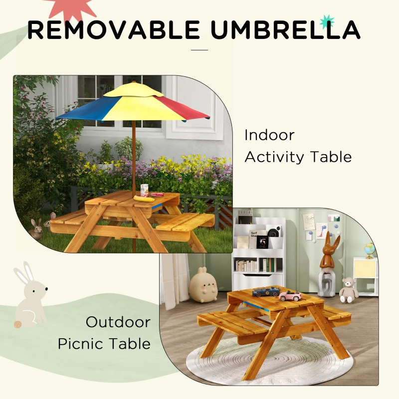 Outsunny Sensory Table 3 in 1 Toddler Water and Sand Table w/ Foldable Umbrella 2 Play Boxes Removable Top, 3-6 Years Old, Teak