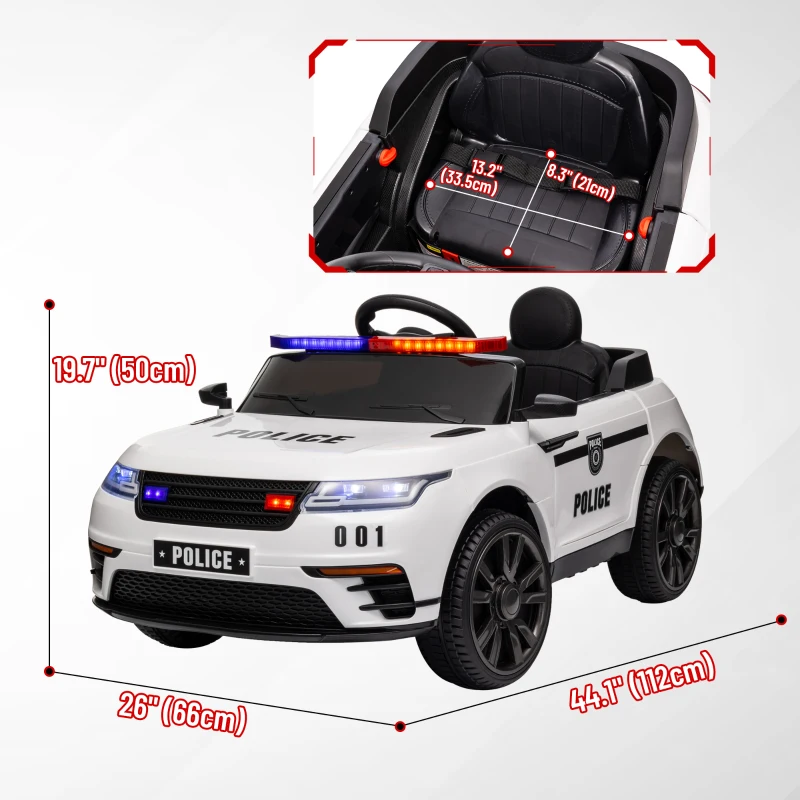 Qaba 12V Kids Electric Police Car w/ Remote Control, Spring Suspension, Transport Wheel, Siren, Music, Light, Horn, White