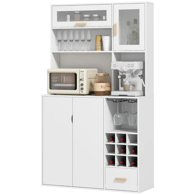 HOMCOM Coffee Bar Cabinet, Kitchen Hutch with Wine Storage, Microwave Countertop, Drawer and Tempered Glass Doors, White