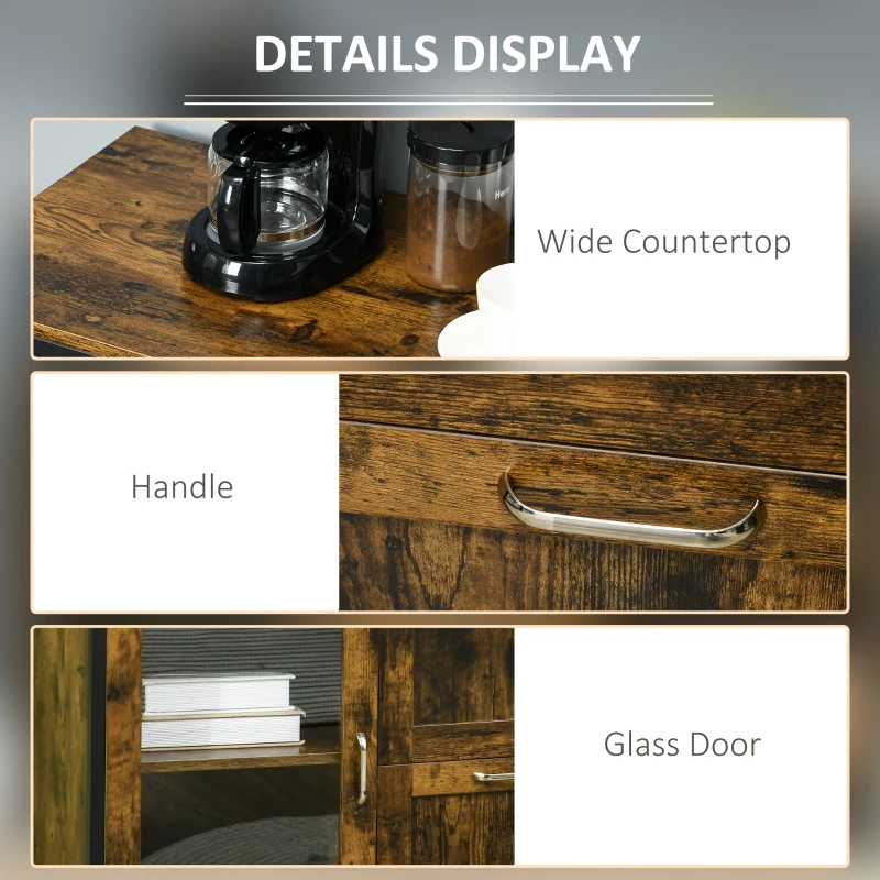 HOMCOM Kitchen Sideboard Industrial Style Serving Buffet Storage Cabinet Cupboard with Adjustable Shelves, Glass Doors, 2 Drawers for Dining, Living Room, Rustic Brown