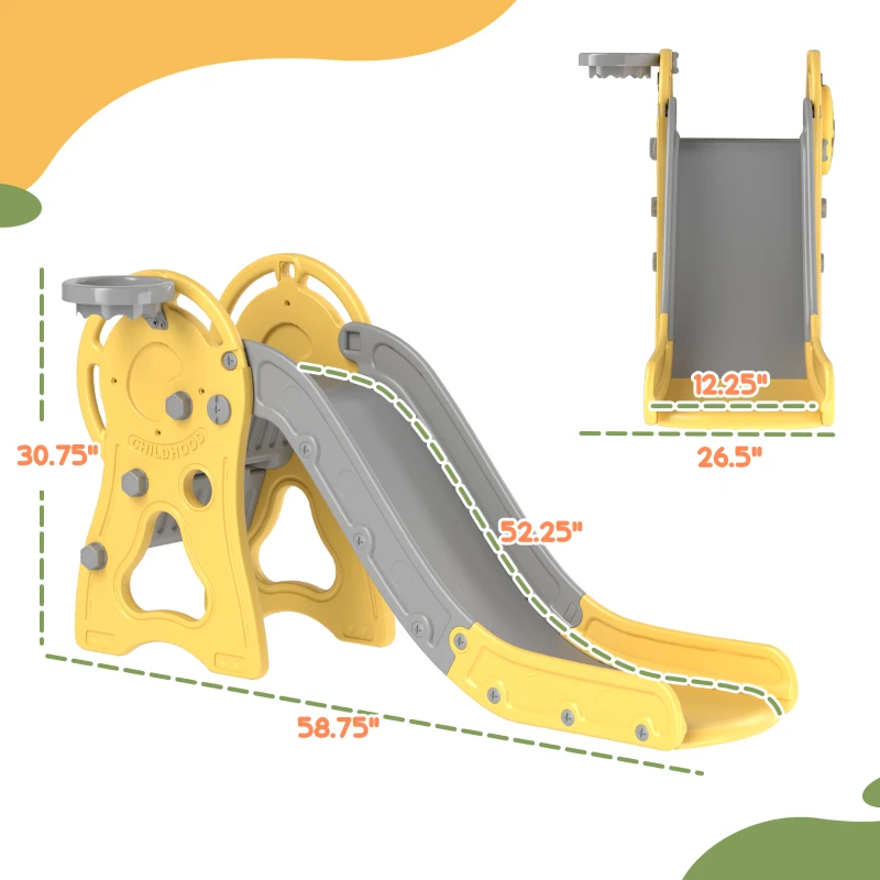 Qaba 3 in 1 Toddler Slide with Basketball Hoop, Climber, Duck Pattern for Kids 1-3 Years, Yellow