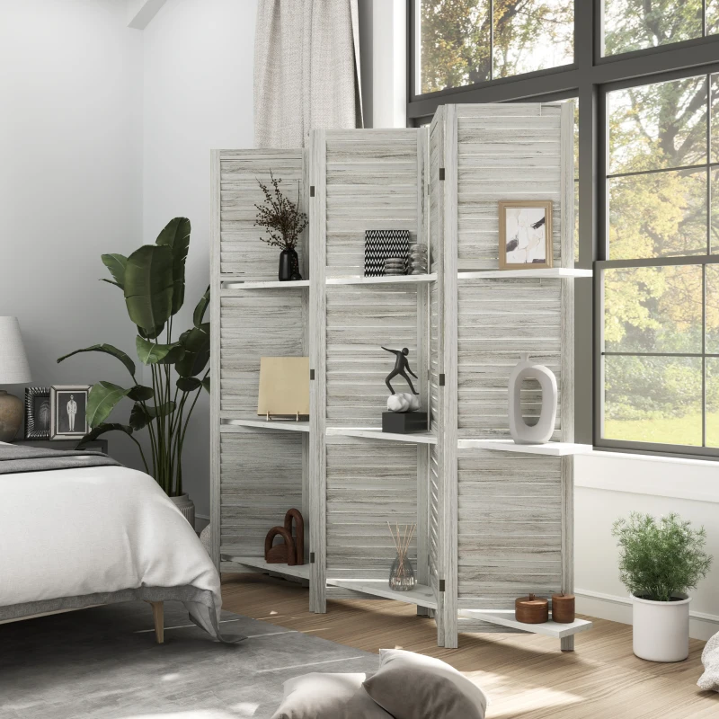 HOMCOM 5 Panel 67" Tall Wood Privacy Screen Room Divider with 3 Shelves and Folding Storage for Bedroom, Distressed White