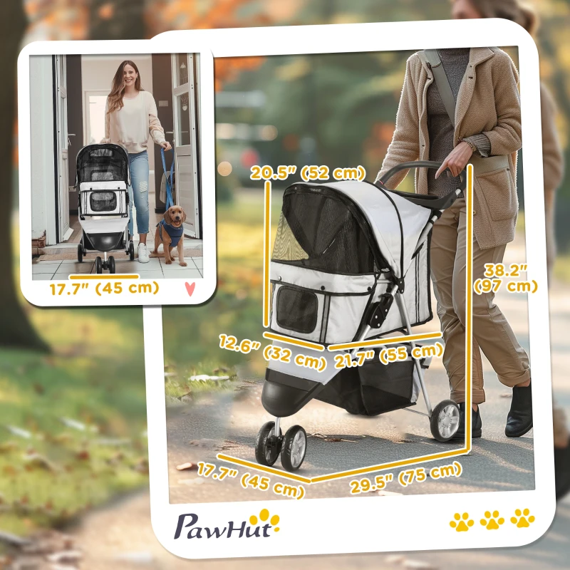 PawHut 3 Wheels Foldable Dog Stroller with Storage Basket, Adjustable Canopy, Cupholder for Miniature and Small Dogs, Grey