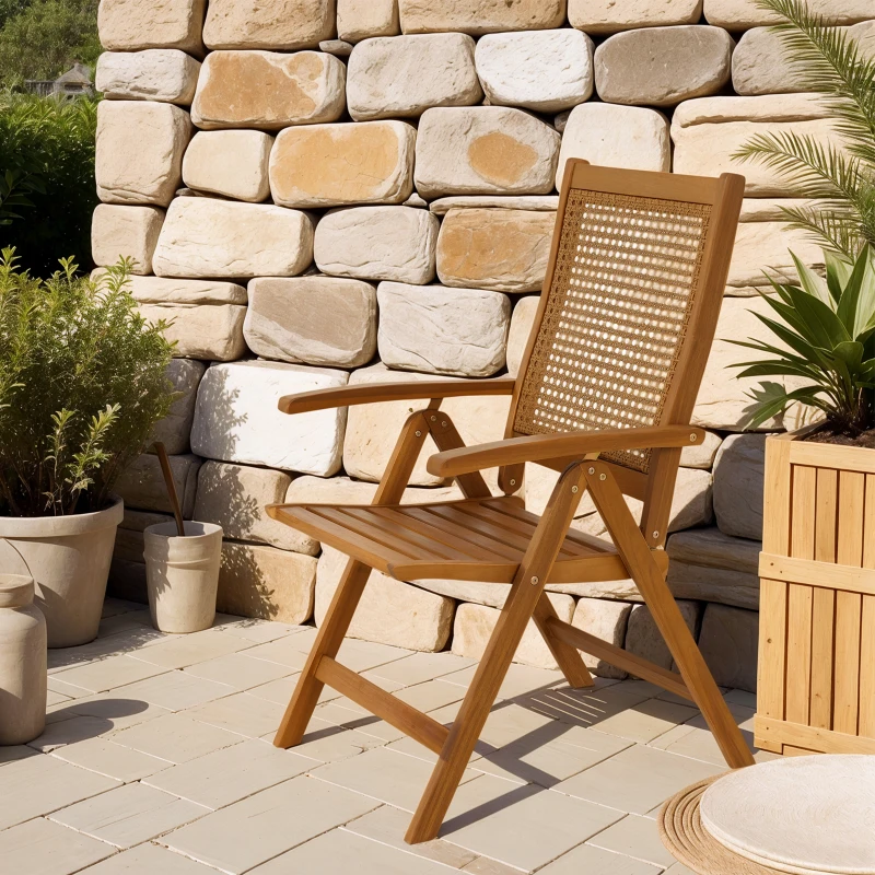 Outsunny Outdoor Folding Chair with Adjustable Back, Wood Foldable Dining Chair with Slatted Seat, Armrest, Teak