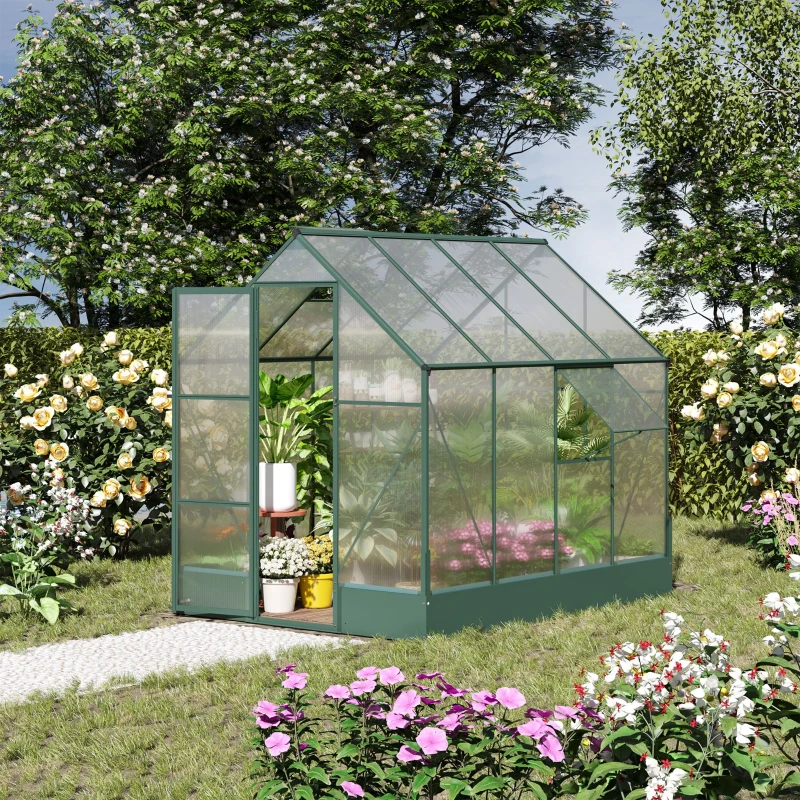 Outsunny 8' x 6' Greenhouse for Outdoors, Polycarbonate Greenhouse with Roof Vent and Rain Gutter, Aluminum Walk-in Green House for Outside for Patio Backyard Garden, Green