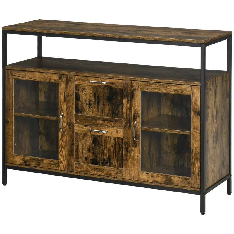 HOMCOM Kitchen Sideboard Industrial Style Serving Buffet Storage Cabinet Cupboard with Adjustable Shelves, Glass Doors, 2 Drawers for Dining, Living Room, Rustic Brown