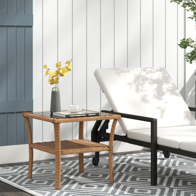 Outsunny Rattan Side Table, Outdoor End Table with Storage Shelf, Aluminum Frame Square, Coffee Table with Tempered Glass Top, Sand