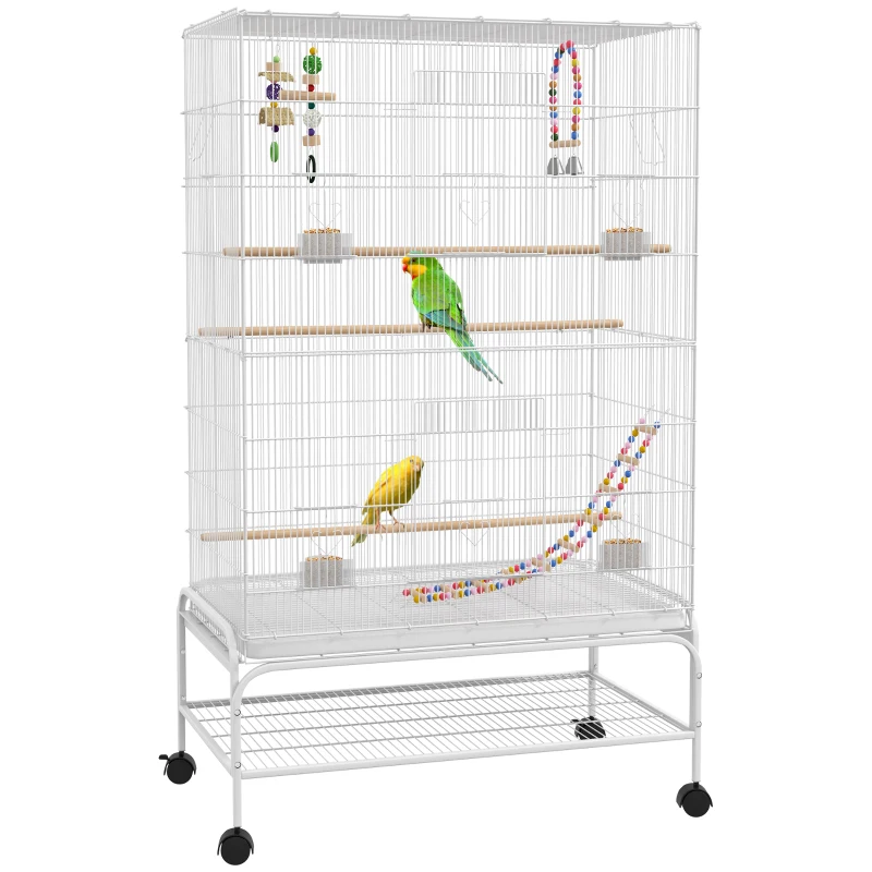 PawHut 52" Bird Cage with Rolling Stand, Toys, for Budgies Canaries White