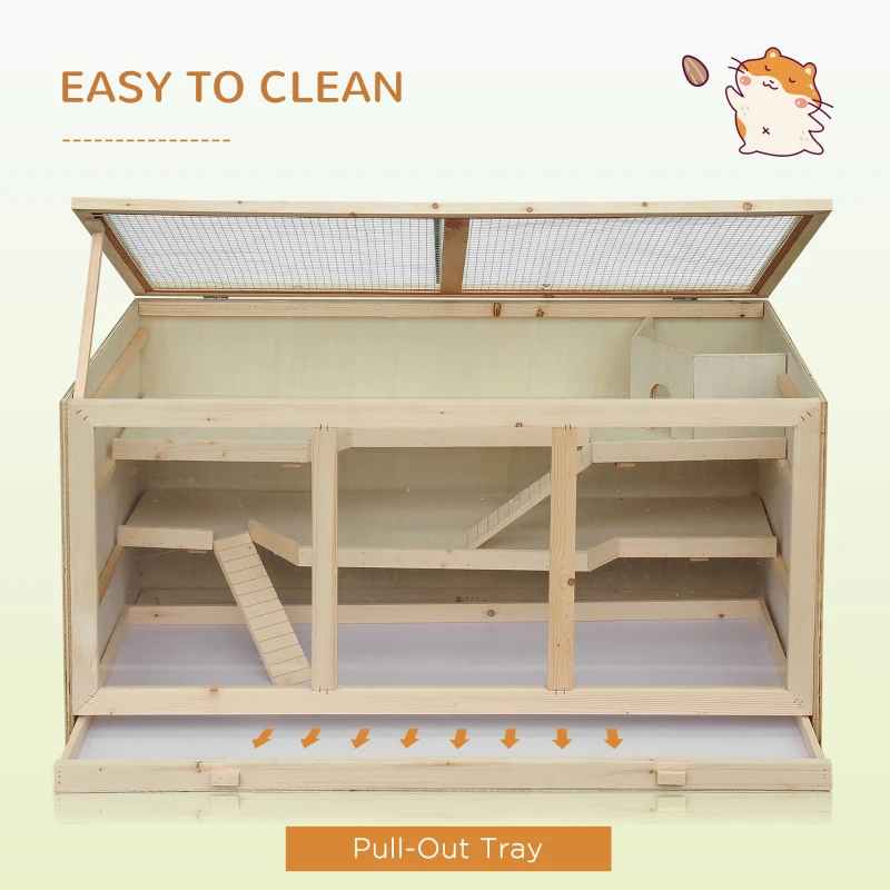 PawHut 45" Extra Large Wooden Hamster Cage, 3-Layer Rat Cage with Opening Roof, PVC Window, Small Animal Habitat for Gerbil, Dwarf & Syrian Hamsters, Natural