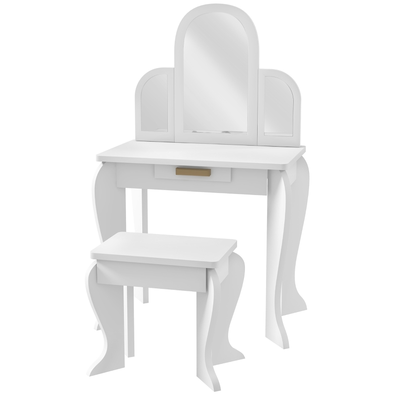 Qaba Kids Dressing Table and Chair Set, Girls Dressing Set, Makeup Desk with Drawer for 3-6 Years Old Kids, White