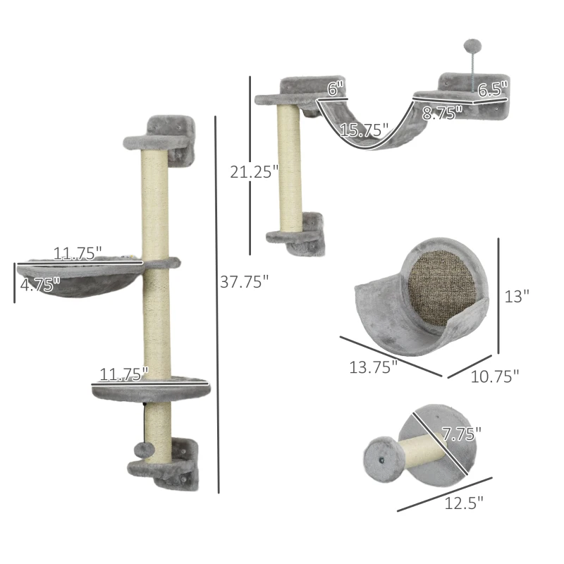 PawHut 5pc Cat Wall Shelves with Hammock, Perches, Ladder, Scratching Post