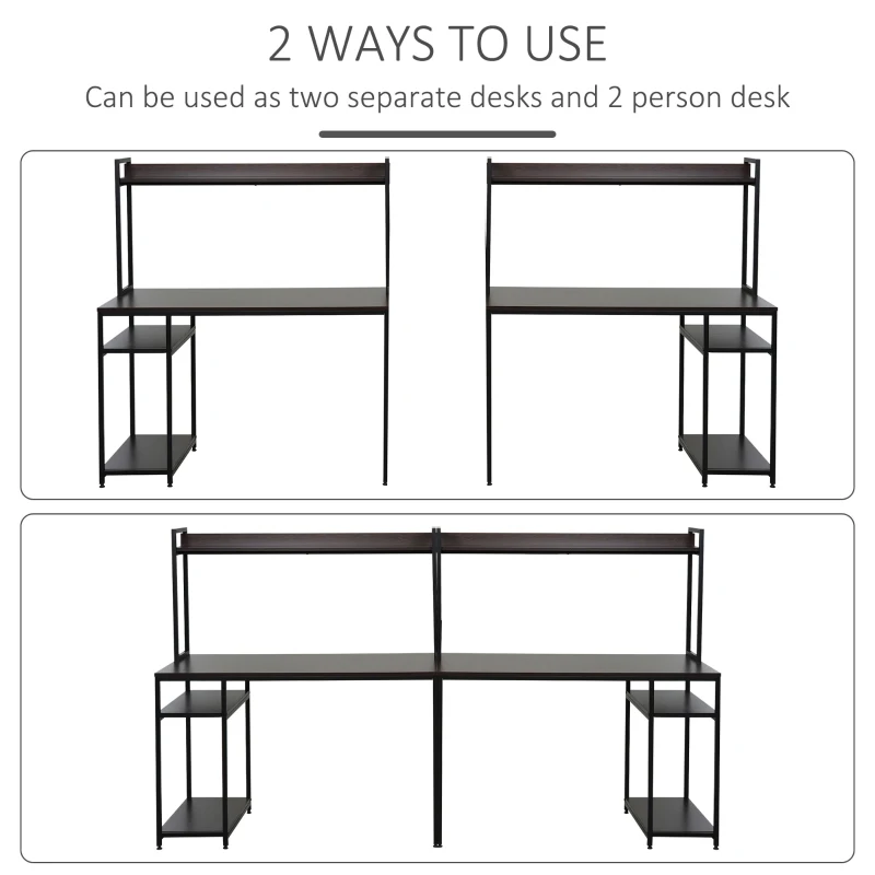 HOMCOM 94.5in Industrial Double Computer Desk with Hutch and Storage Shelves, Extra Long Two Person Home Office Desk, Writing Table Workstation for 2 People with CPU Stand, Brown Wood Grain
