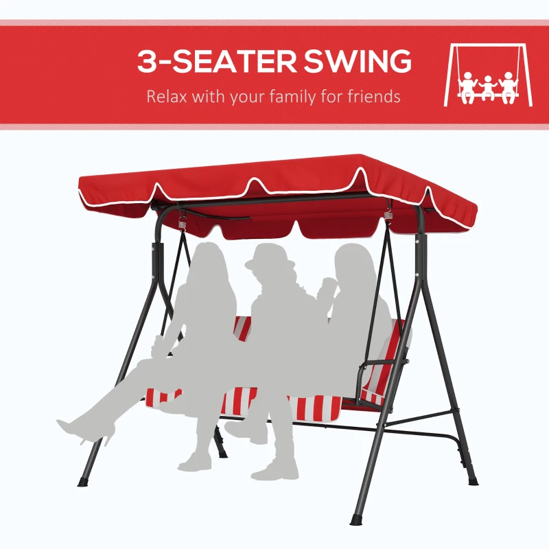 Outsunny 3-Seater Outdoor Porch Swing with Adjustable Canopy, Patio Swing Chair for Garden, Poolside, Backyard, Red