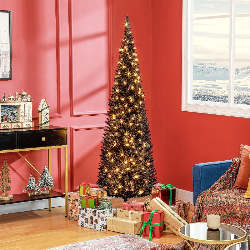 HOMCOM 6ft Pencil Christmas Tree, Slim Artificial Christmas Tree with Realistic Branches and Warm White LED Lights, Black
