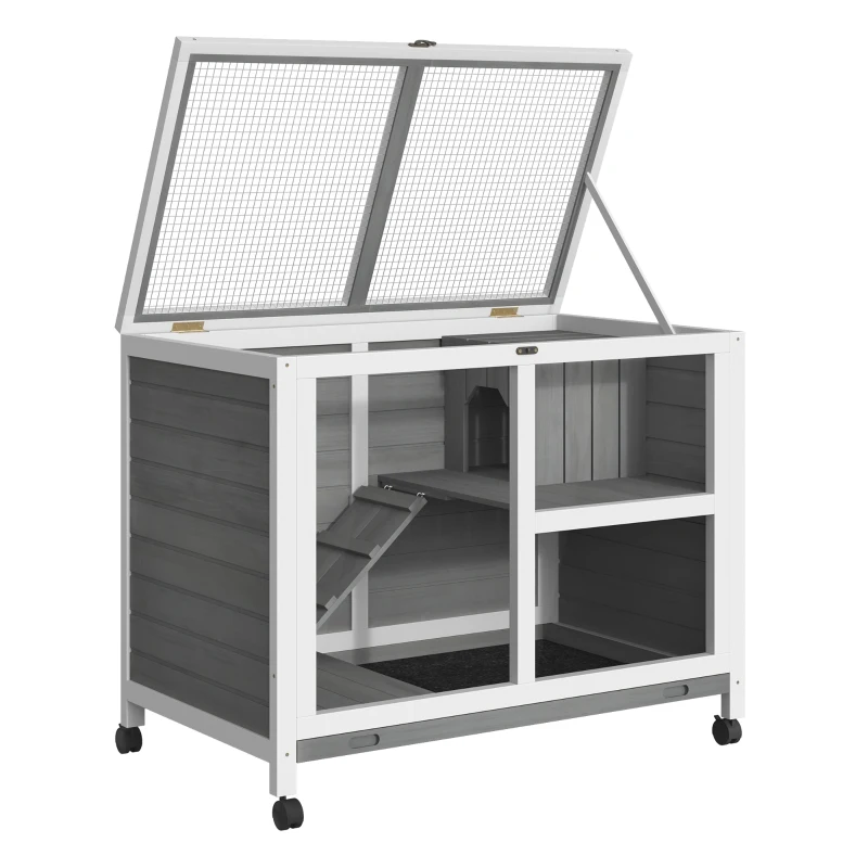 PawHut Indoor Rabbit Hutch with Wheels, Bunny Cage Guinea Pig House W/ Top Access, Ramp, Pull Out Tray, Grey