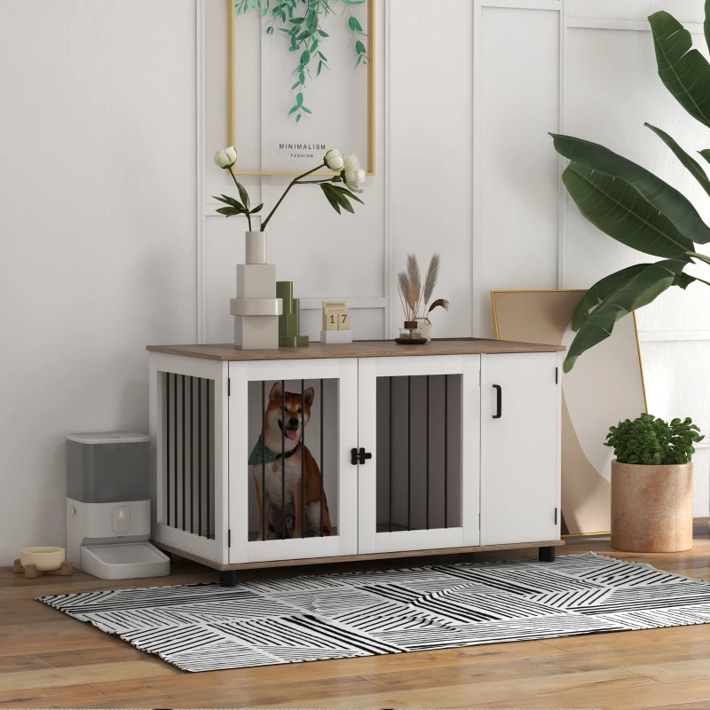 PawHut Dog Crate Furniture Side End Table Indoor w/ Storage, Double Doors