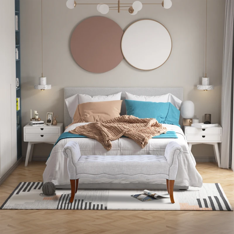 HOMCOM Traditional Style End of Bed Bench, Upholstered Entryway Bench with Button Tufted and Rounded Arm, Light Gray