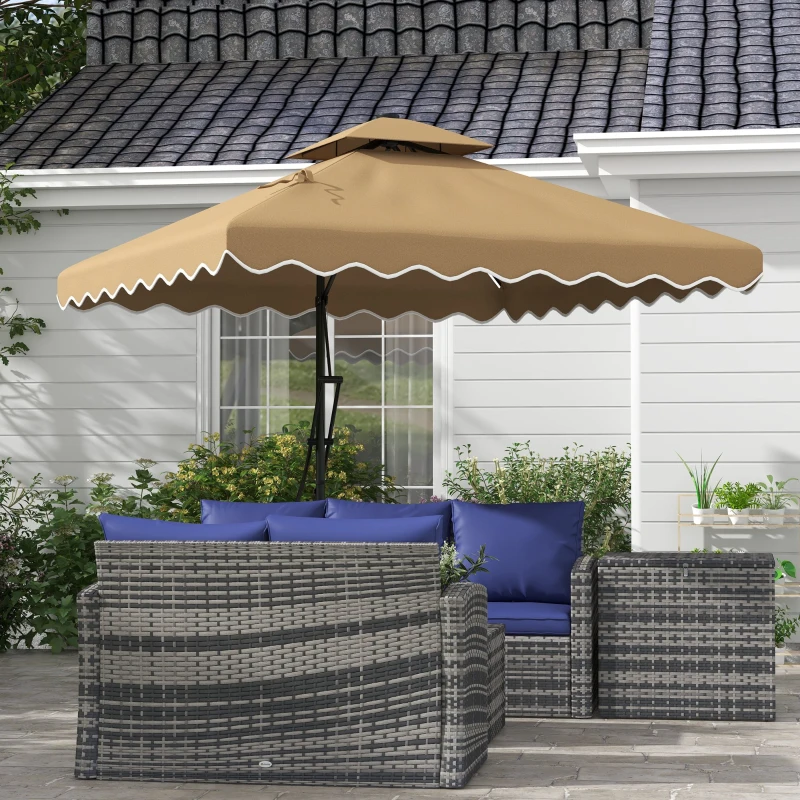Outsunny 8' x 8' Square Double Top Offset Patio Umbrella Garden Parasol with Solar LED Lights, Ruffles and Weights, Khaki