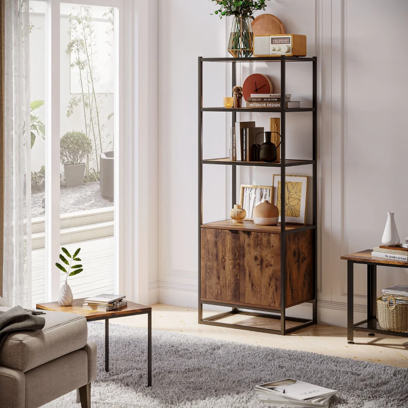 HOMCOM Bookcase with Cabinet, 3-Tiers Bookshelf for Storage, Tall Organizer Multifunctional Rack for Living Room Home Office, Brown