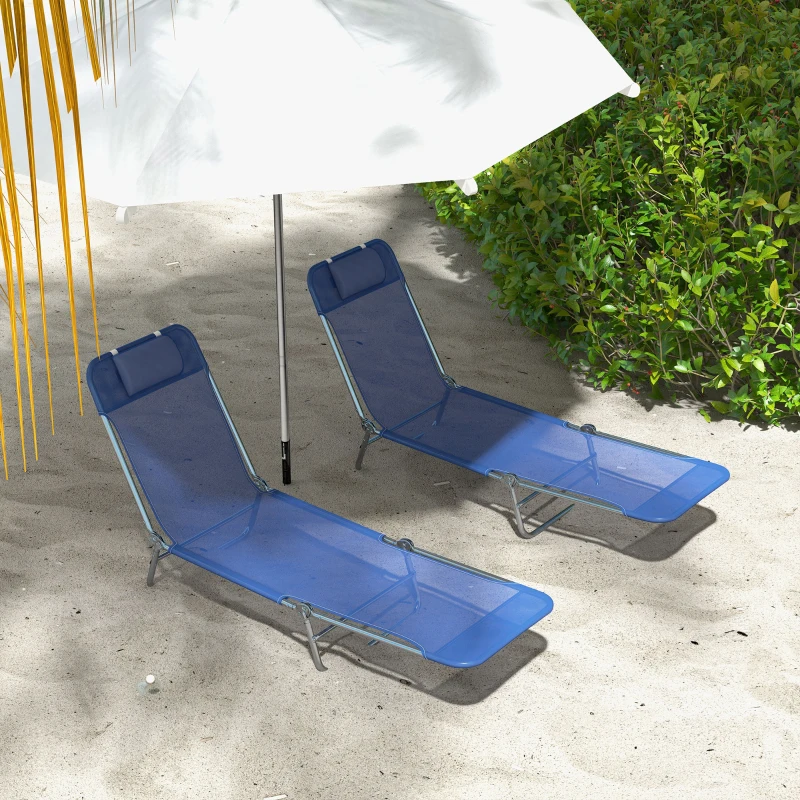Outsunny 2 Piece Sun Loungers, Folding Chaise Lounge Chairs with Reclining Back, Breathable Mesh Seat, Headrest, Dark Blue